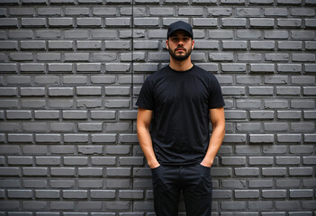 Obraz premium Young healthy man with black T-shirt on concrete background with copyspace for your text. Picture without model face.