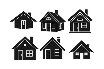 Simple Black Silhouette Houses Icon Set for Design