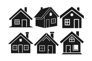Simple Black Silhouette Houses Icon Set for Design
