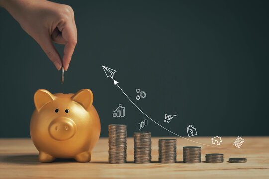The concept of setting investment goals. Finance. Money. Saving money. Investment in the stock market through banks...