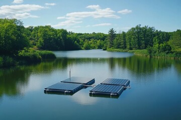 Obraz premium Floating Solar Panels on a Calm Lake Surrounded by Lush Greenery Under a Bright Blue Sky, Evoking Innovation in Renewable Energy Solutions