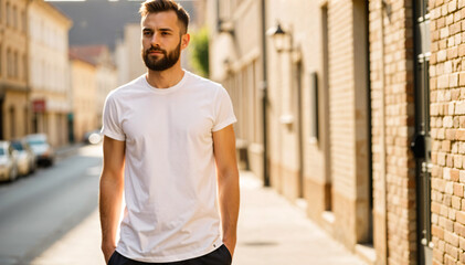 Fototapeta premium Stylish Man in White T-Shirt: A handsome man with styled hair and sunglasses strolls down a city street, exuding effortless cool in his simple yet stylish white t-shirt and jeans.