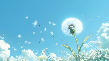Obraz premium Dandelion Seeds Drifting On A Summer Sky