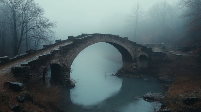 Ancient stone bridge over a misty river in serene landscape.