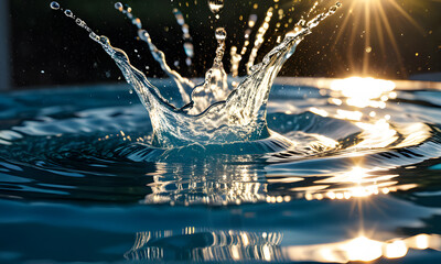 Water droplets create beautiful patterns on rippling splash water, reflecting sunlight, ideal for nature or environmental concept designs and projects