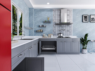 เคาท์เตอร์ครัวบิ้วอินสีเทามุมมองด้าขวาดีไซน์ตัวเอลเรนเดอร์ด้วย 3D