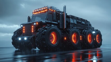 Futuristic All-Terrain Vehicle in a Moody Environment with Bright LED Lighting Effects