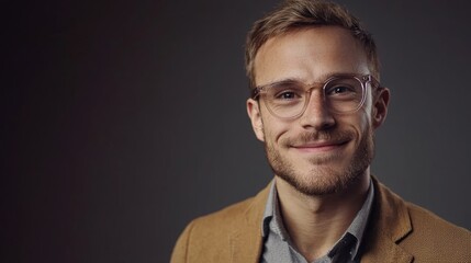Fototapeta premium Smart businessman smiling at camera, wearing trendy transparent glasses
