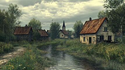 Obraz premium Tranquil Village by the River