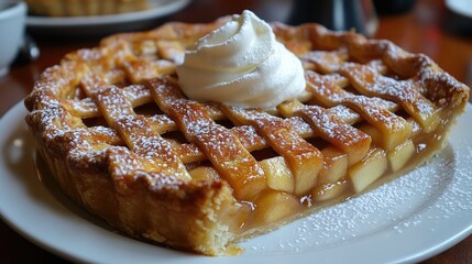A rustic apple pie with a beautifully woven lattice crust topped with a dollop of whipped cream.