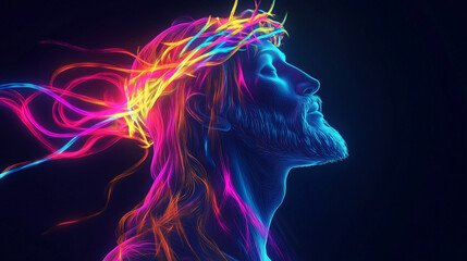 Abstract Neon Illustration of Jesus Christ with Vibrant Colors and Crown of Thorns in Modern Art Style