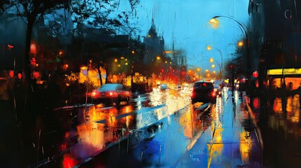 Obraz premium Night Cityscape Rain City Street Cars Lights