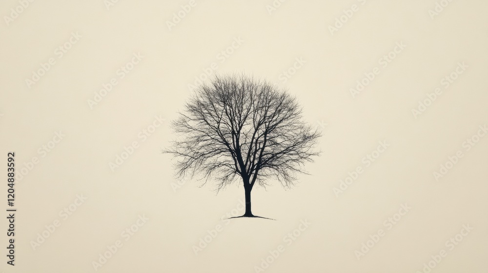 Leinwandbilder Solitary bare tree in a minimalistic winter landscape with soft, muted colors during a cloudy day. Generative AI
