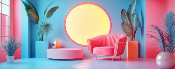 A vibrant, modern interior featuring a pink chair, round window, and colorful walls, complemented by decorative plants.