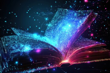 Holographic Book with Glowing Pages and Colorful Particles on a Dark Background Representing Digital Learning and Education Concepts
