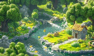 Idyllic voxel landscape with cottage, river, bridge, and lush vegetation
