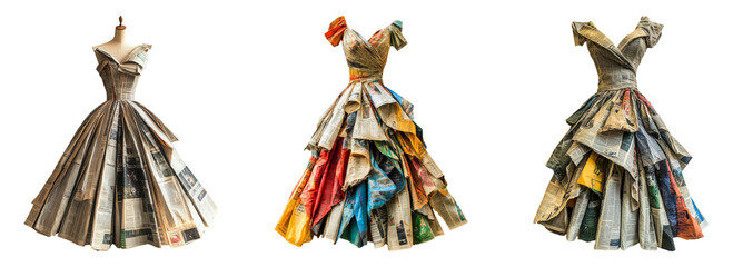 Unique Fashion Dresses Made from Newspapers on Transparent Background
