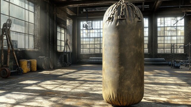 Dusty punching bag in industrial gym