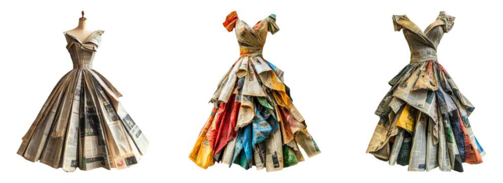 Unique Fashion Dresses Made from Newspapers on Transparent Background