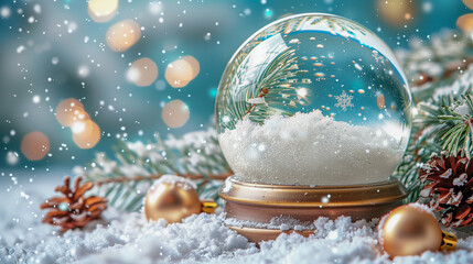 Festive Snow Globe with Pinecones and Christmas Ornaments..