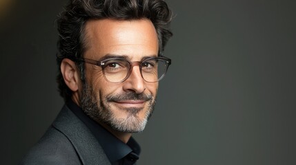 Fototapeta premium Smart businessman smiling at camera, wearing trendy transparent glasses