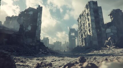 A desolate post-apocalyptic city landscape with ruined buildings and debris.