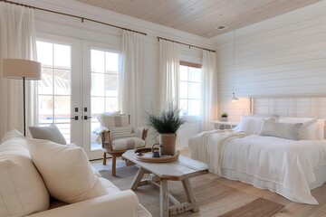 Beach-inspired studio apartment interior design with whitewashed wood accents, a small nautical-themed sitting area, and airy, flowing curtains.