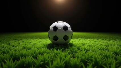 Fototapeta premium A perfectly centered white and black soccer ball rests on lush green grass, casting a delicate shadow that dances across the vibrant field