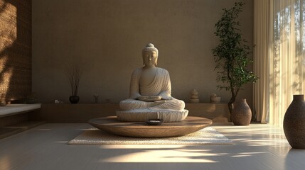 Serene Buddha Statue in Minimalist Zen Room