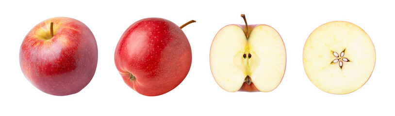 Red apple with half slice isolated on transparent png background.