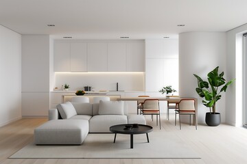 Minimalist studio layout interior design featuring an open-plan design, white walls, and multifunctional furniture with hidden storage solutions.