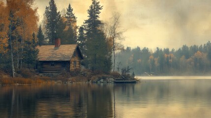 Fototapeta premium Cabin by the Lake in Autumn Mist