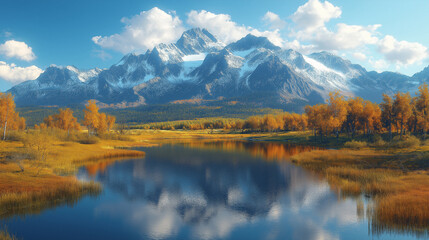 Fototapeta premium Majestic mountain range reflected in a serene autumn lake.