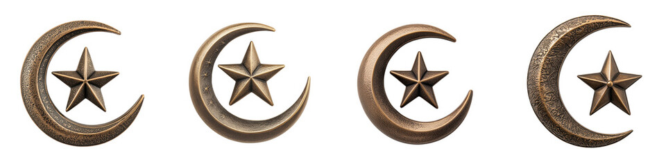 Bronze crescent moon and star symbol icons with a decorative ornamental and metallic style on a plain white background  Ancient medieval and traditional Islamic cultural and religious design elements