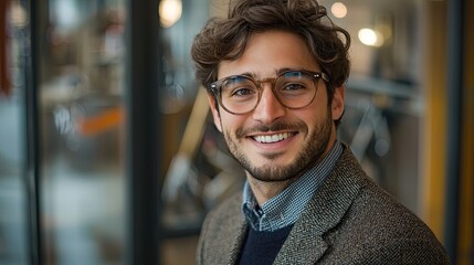 Obraz premium Smart businessman smiling at camera, wearing trendy transparent glasses