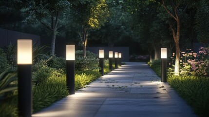 Illuminated pathway, garden, night, landscaping, dusk