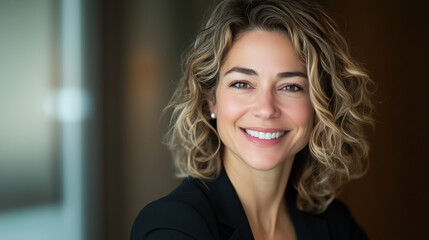 Fototapeta premium professional woman smiling confidently in modern office setting