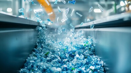 Recycling process of shredded plastic scrap industrial facility gigapixel quality clean environment close-up view sustainability awareness