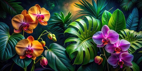 Night-blooming orchids and lush Monstera foliage gleam in a vibrant, close-up macro photograph with long exposure. © ChannelPIC