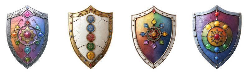 Naklejka premium Colorful Decorative Shields Isolated on Transparent Background