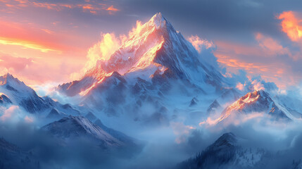 A mountain range peaks through a cloudy sky at sunrise