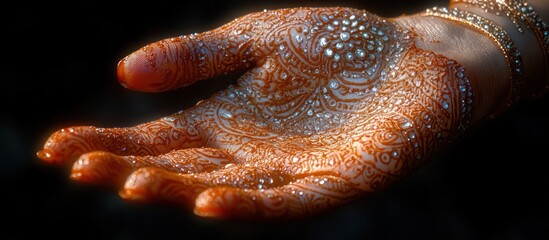 Close-up of henna-decorated hand with water droplets.