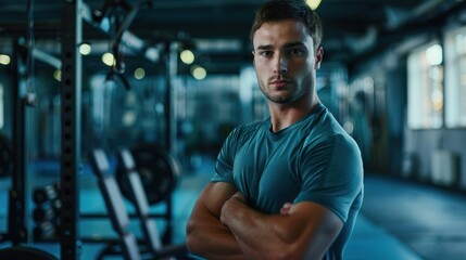 Fototapeta premium Portrait of handsome young man standing with crossed arms in gym, AI generated image