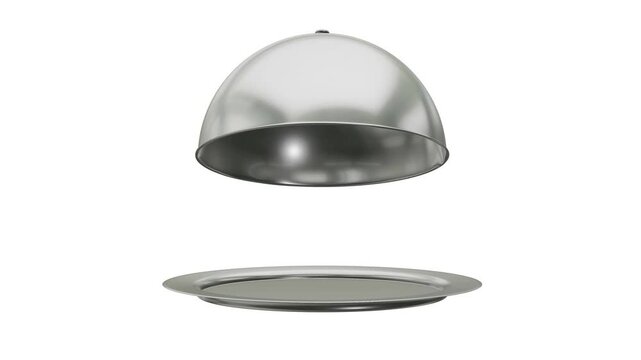 Restaurant cloche on plate open. Motion Animation. Video available in 4K FullHD and HD render footage on white