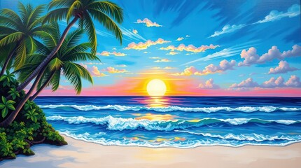 Sunset paints the sky ablaze as a lone palm tree sways on a pristine tropical island beach