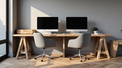 Fototapeta premium Close-up view of a wooden desk holding two matching desktop computers. Positioned against a gray, textured wall with a complementary wooden box to the left
