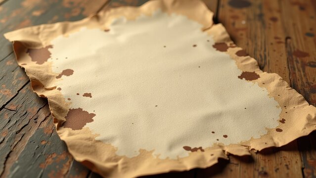 Wrinkled, scuffed brown paper lies on a wooden table—creased with scuffed edges and speckled with rustic brown stains. It exudes an air of weathered elegance and untold stories