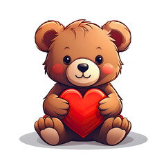 Adorable Bear with Heart: A charming cartoon illustration of a brown teddy bear sitting and gently holding a large red heart. Perfect for Valentine's Day, love, and friendship themes. 