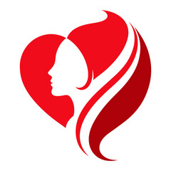 Minimalist Logo Design for Haircare, Red Heart, Woman Profile Silhouette, Beauty Branding, White Background, Skincare, 2D Style, Feminine Icon, Clean Design