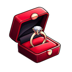 Sparkling Promise: A classic diamond engagement ring gleams within a crimson velvet box, a timeless symbol of love and commitment, ready to be unveiled for a special moment. 